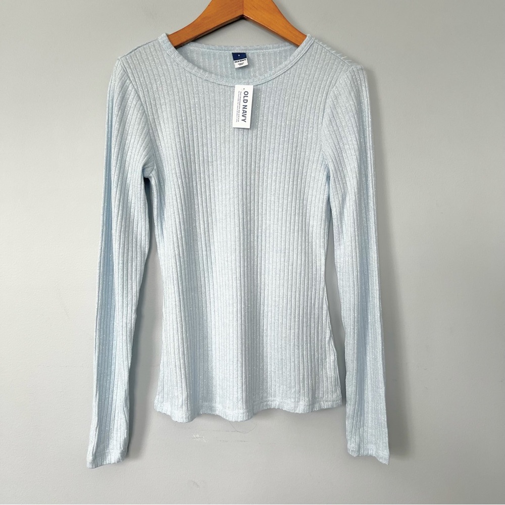 Old Navy Light Blue Ribbed Long Sleeve Top with Silver Metallic Thread Size Smal